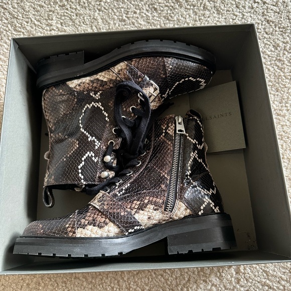 ALLSAINTS Womens Black Snakeskin 1/2" Platform Metallic Accents Lace-Up booties - Picture 8 of 12